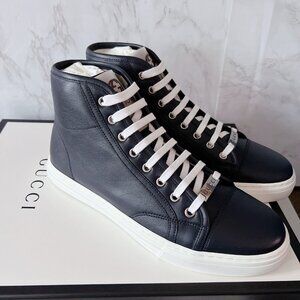 GUCCI Luxus Shoes High Top Sneaker logo Blue Leather Mens UK 8 US 8.5 *Authentic